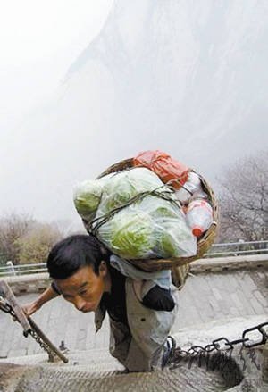 何天武背着60多斤的菜，一只手拄拐杖登临山顶。