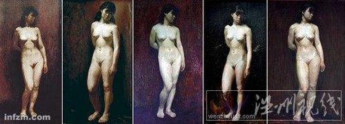资料图：10位中央美院学生同时发布了5幅与《人体蒋碧薇女士》场景、人物都相同的画作，称均是当时的习作。从左到右：沈嘉蔚习作，李斌习作，刘晨煌习作，陈承齐习作，王延青习作