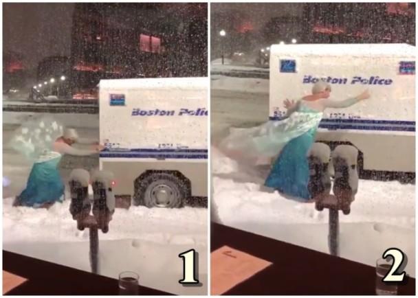 真人版冰雪奇缘！警用车卡在雪堆里 男“艾莎公主”神救援