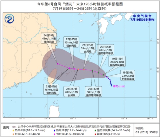 上海台风烟花最新消息，7月19日预报路径。