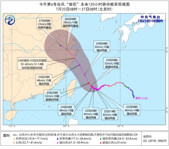 上海台风烟花最新消息，7月22日预报路径。