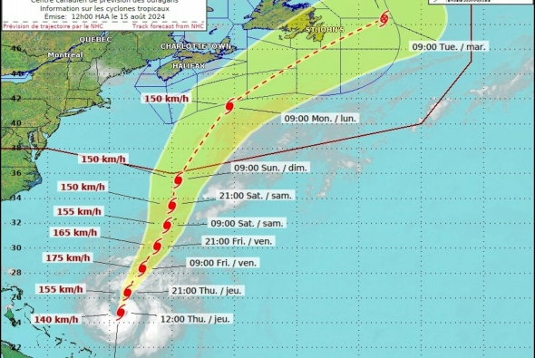 截至周五早上飓风埃内斯托的路径预测，风暴开始远离新斯科舍省，但仍将影响纽芬兰岛。